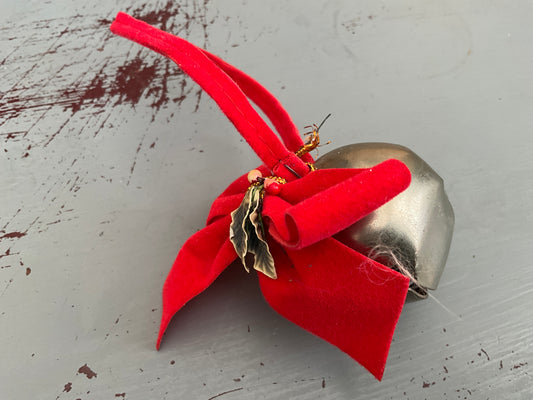 Cheerful chrome Christmas sleigh bell with red velvet bow & leaves vintage ornament