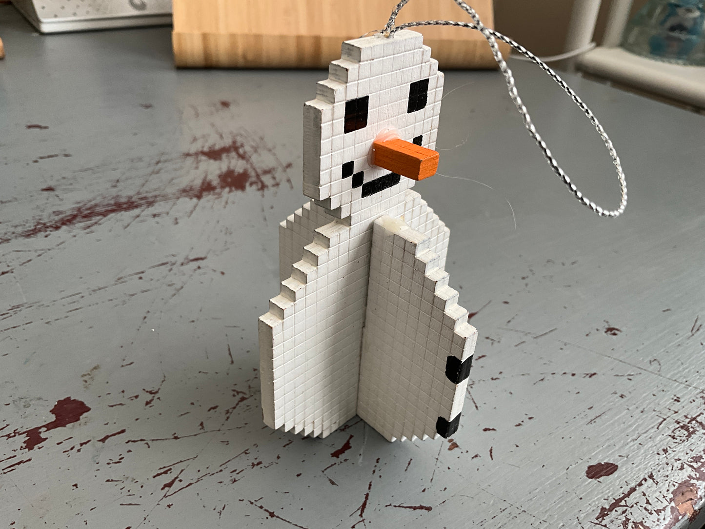 Sensational Snowman Minecraft style wooden Christmas ornament