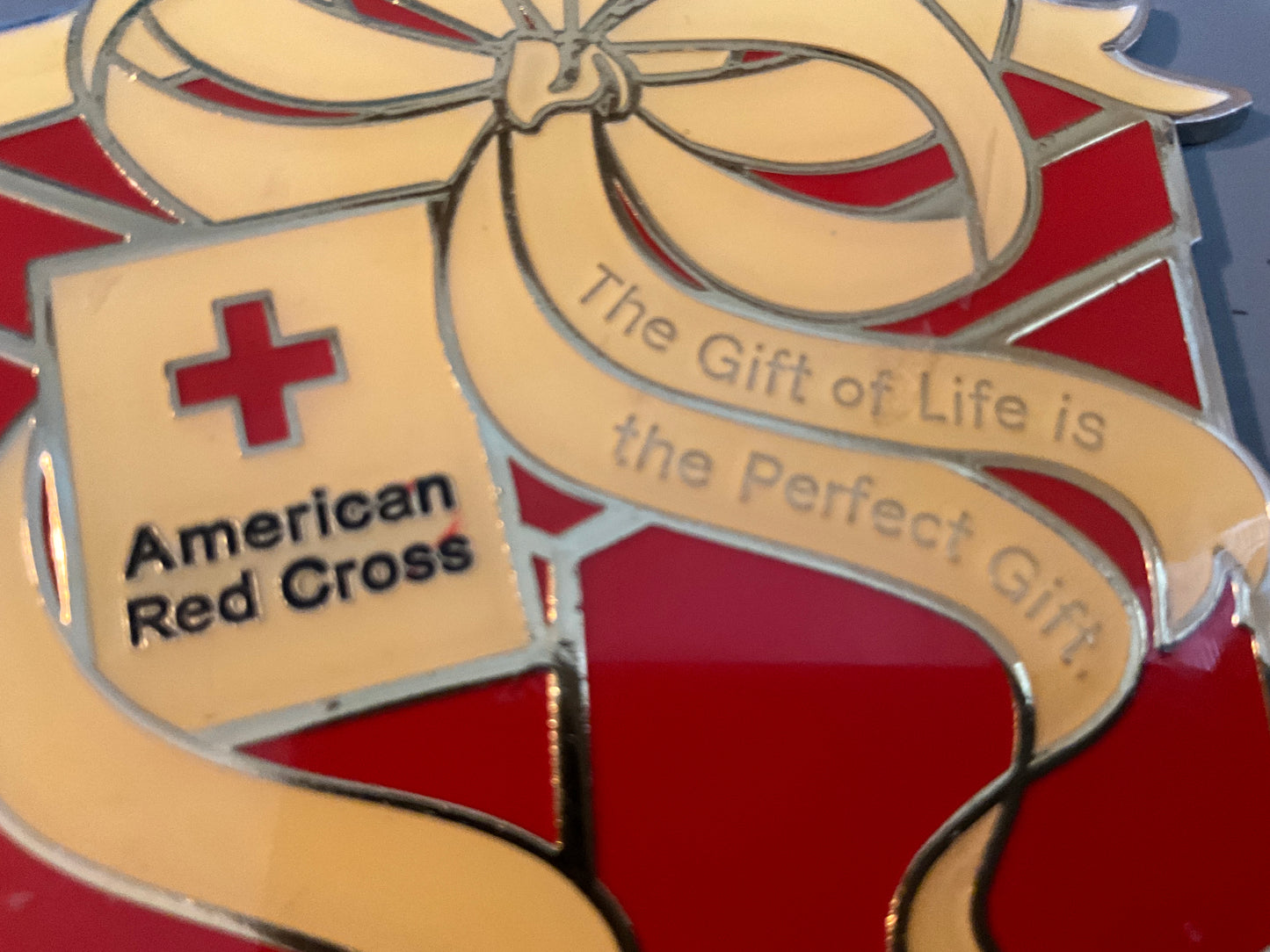 American Red Cross wrapped Christmas gift metal ornament