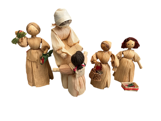 Charming corn husk doll set of set of 5 hand crafted ornaments