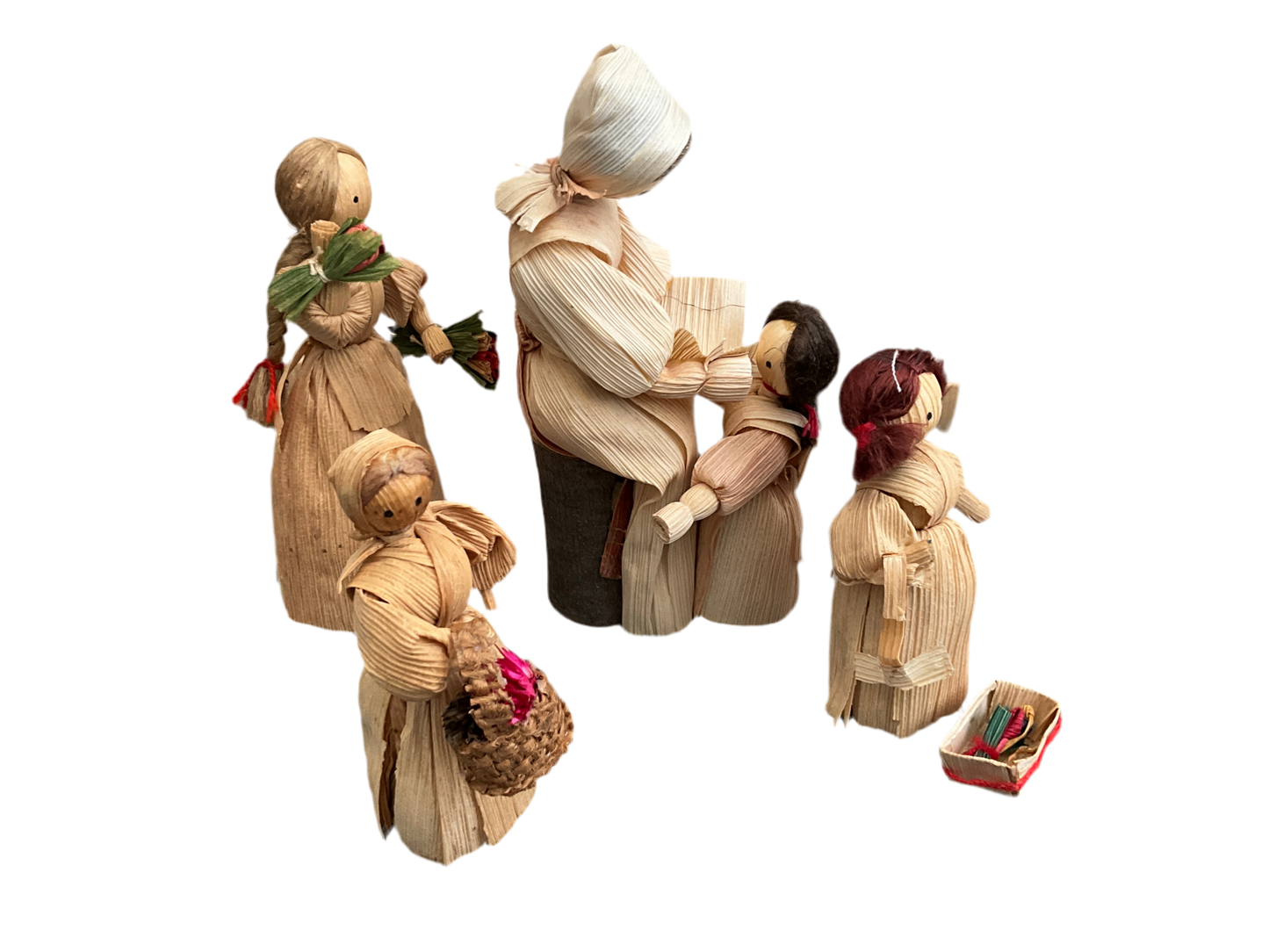 Charming corn husk doll set of set of 5 hand crafted ornaments