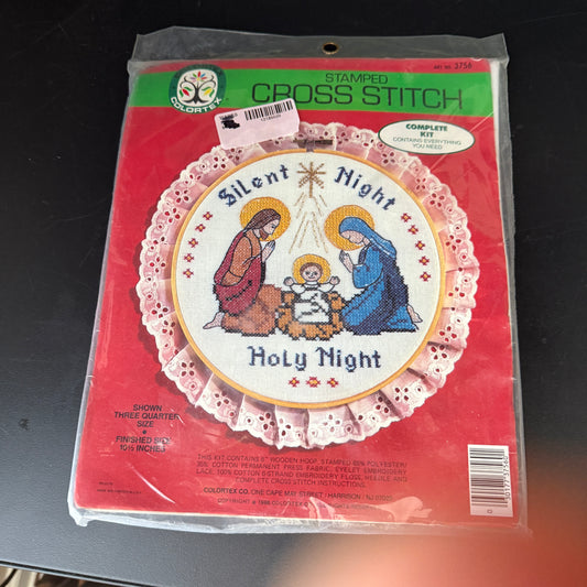 Colortex Silent Night stamped cross stitch kit with hoop frame and trim