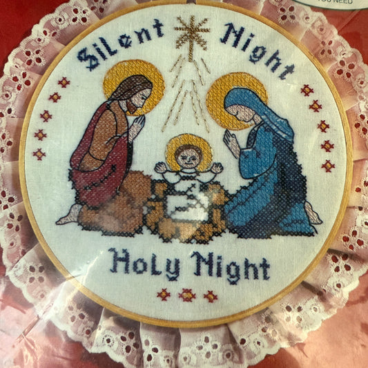 Colortex Silent Night stamped cross stitch kit with hoop frame and trim