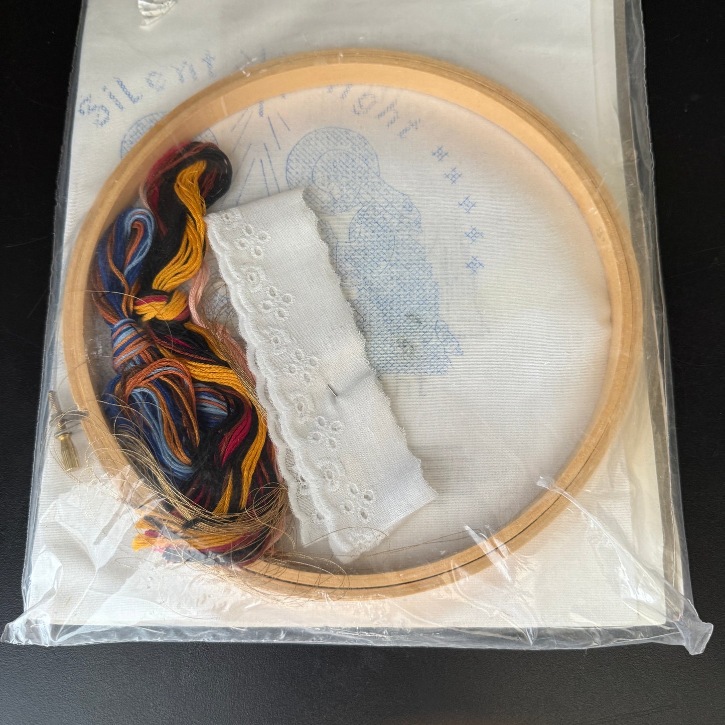 Colortex Silent Night stamped cross stitch kit with hoop frame and trim