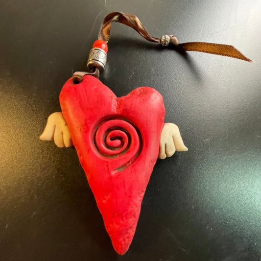 Winged Heart deep red with swirl and beaded hanger ribbon collectible ornament