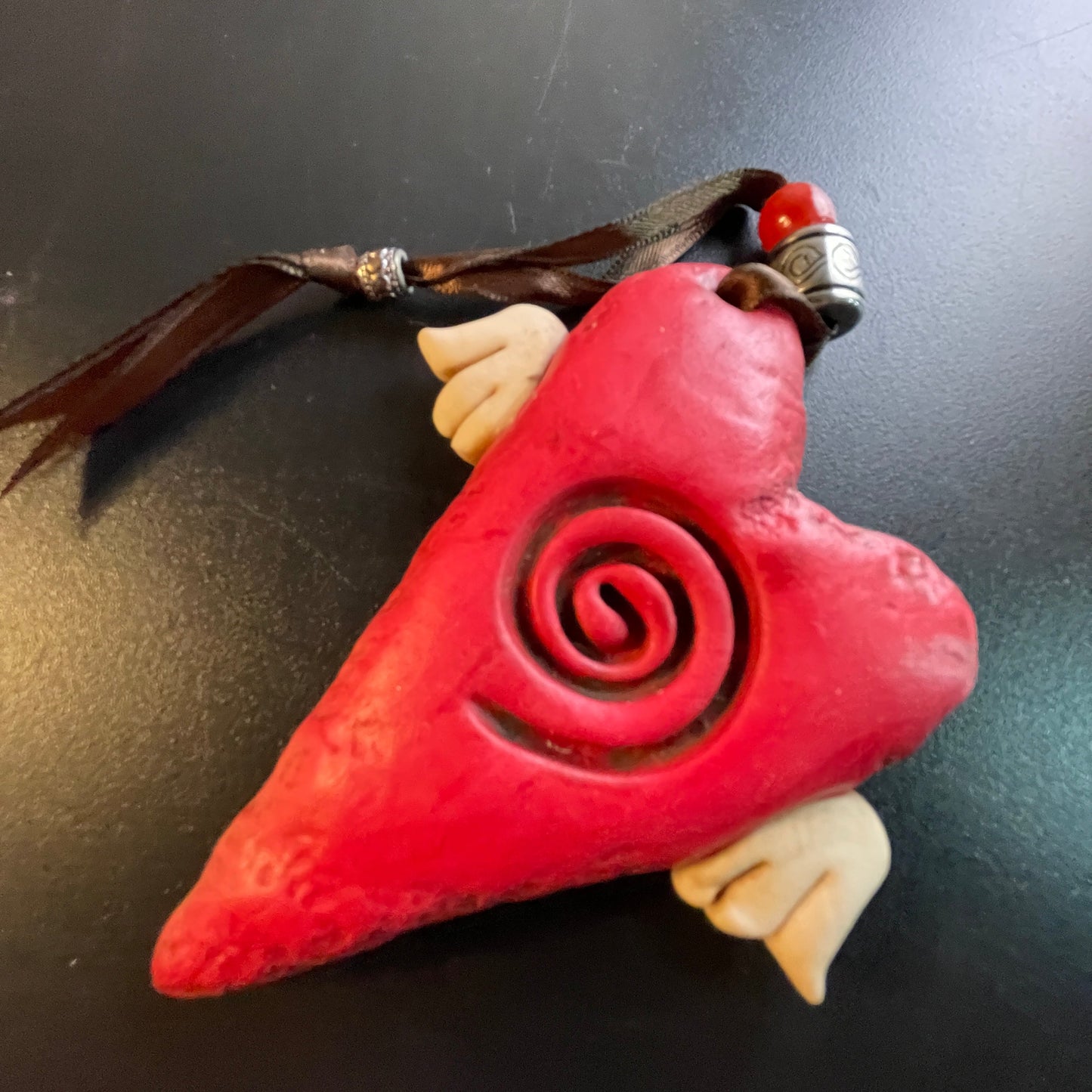Winged Heart deep red with swirl and beaded hanger ribbon collectible ornament
