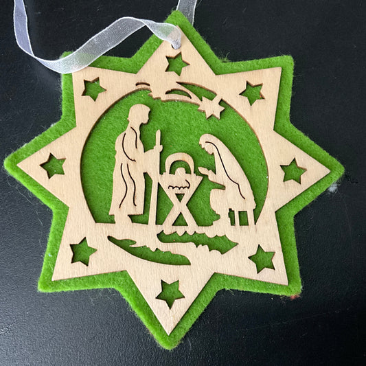 Wonderful wooden nativity scene cut out with felt star backing Christmas ornament