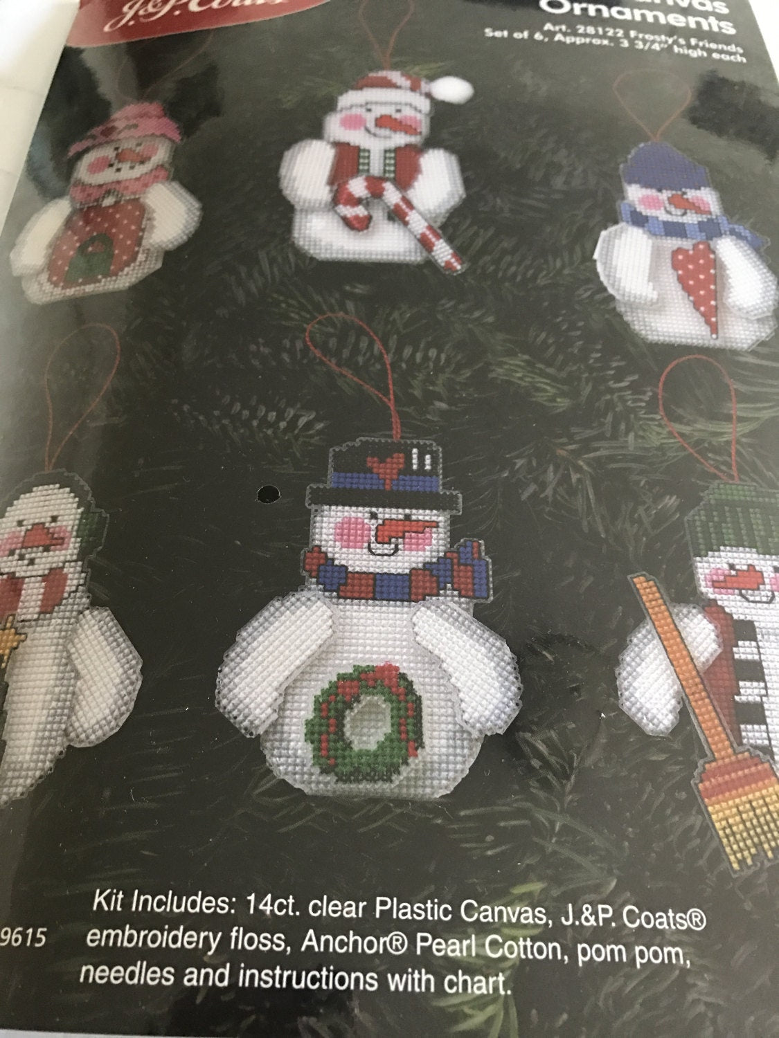 J.P.Coats Plastic Canvas counted cross stitch Frosty's Friends ornament kit set of 6