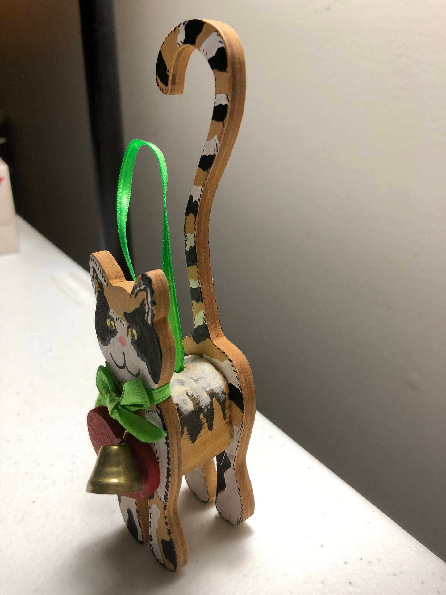 Wooden Kitten wearing a Heart and a Bell Ornament Vintage Ornament/Figurine