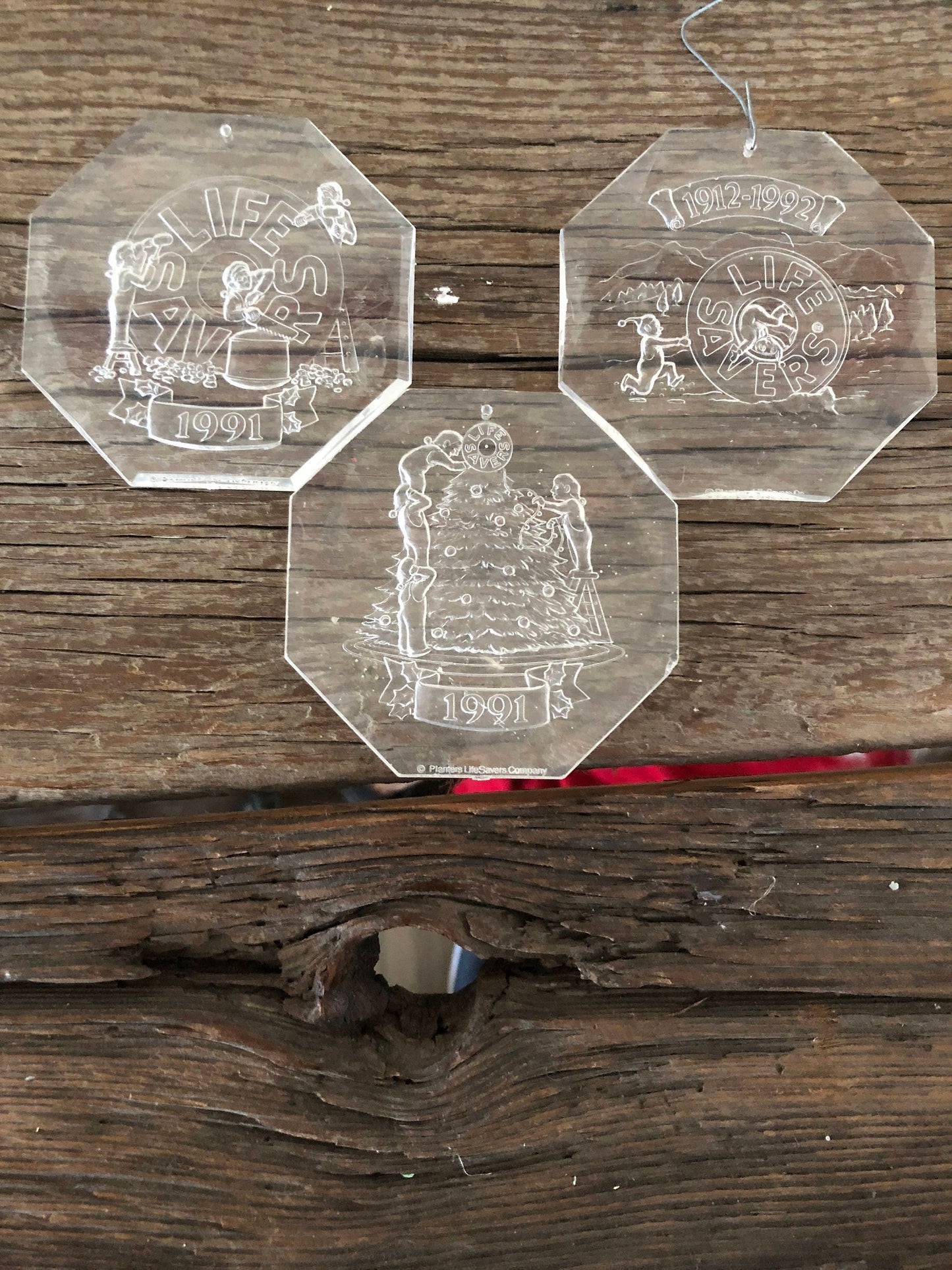 Life Savers, Set of Three, Vintage, 1991, Advertising Memorabilia, Ornament, Clear Acrylic, 3.25 inch, 8-sided