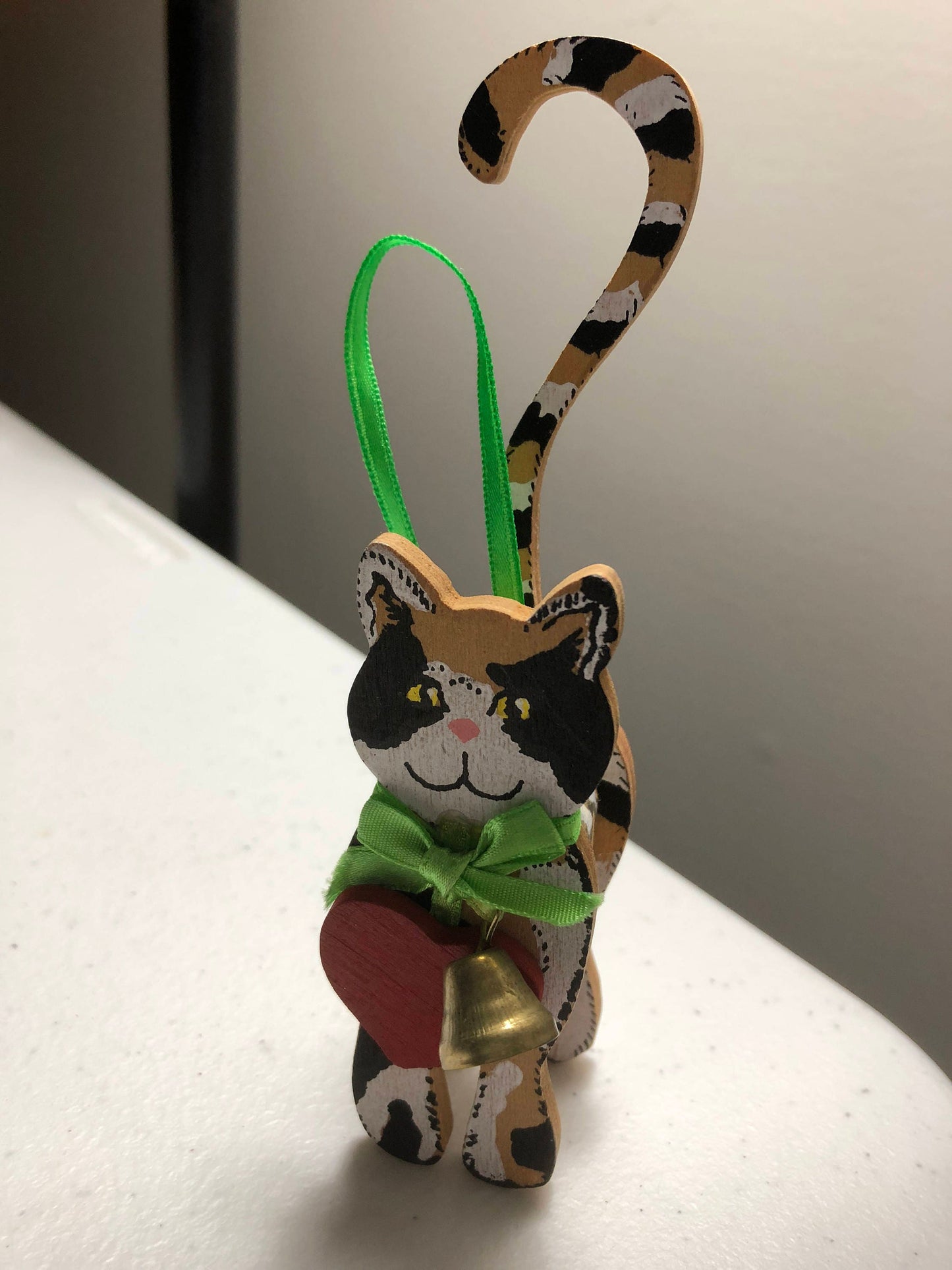 Wooden Kitten wearing a Heart and a Bell Ornament Vintage Ornament/Figurine