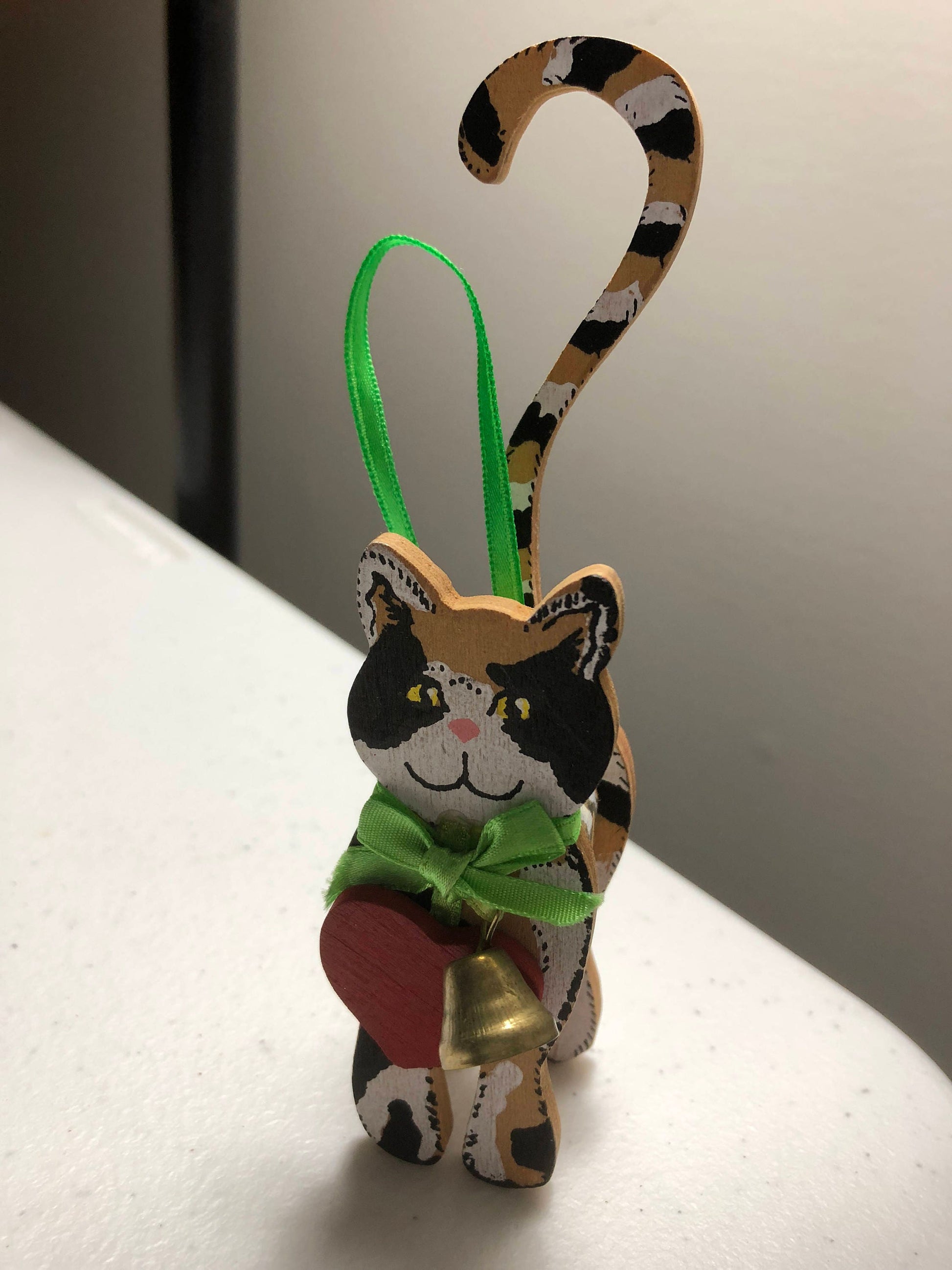 Wooden Kitten wearing a Heart and a Bell Ornament Vintage Ornament/Figurine