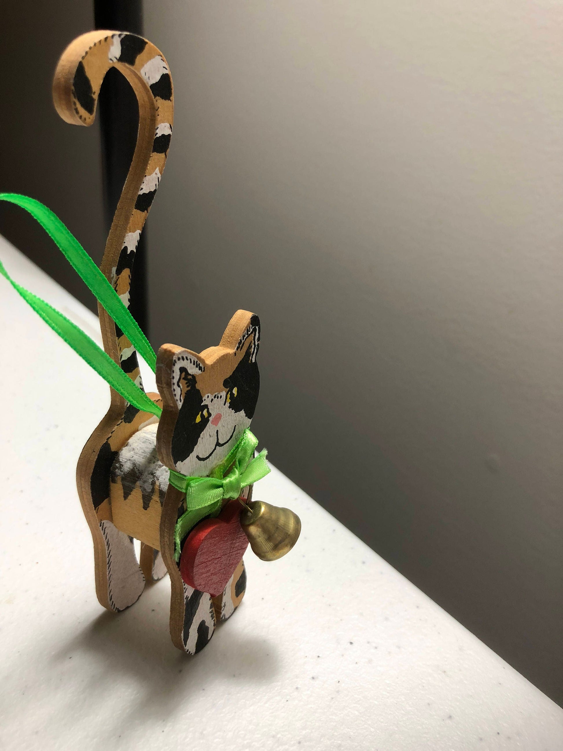 Wooden Kitten wearing a Heart and a Bell Ornament Vintage Ornament/Figurine