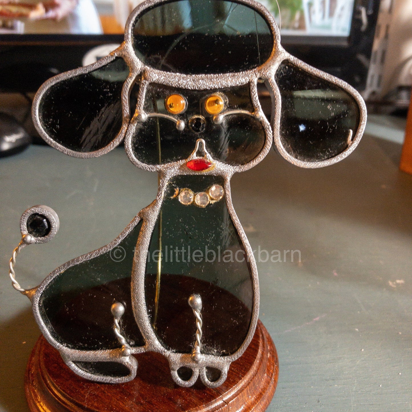 Stained Glass Puppy, Vintage Blue Glass With Red Lips and Yellow Eyes Ornament*