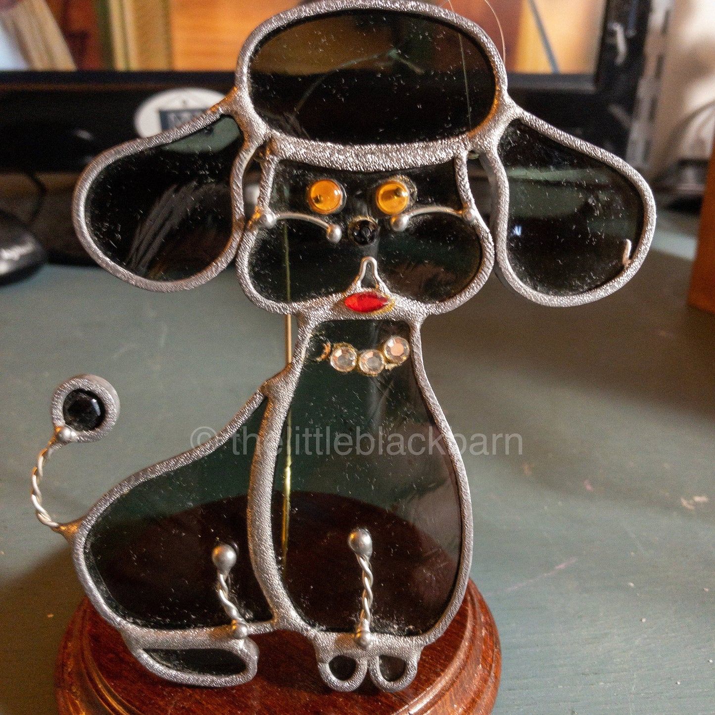 Stained Glass Puppy, Vintage Blue Glass With Red Lips and Yellow Eyes Ornament*