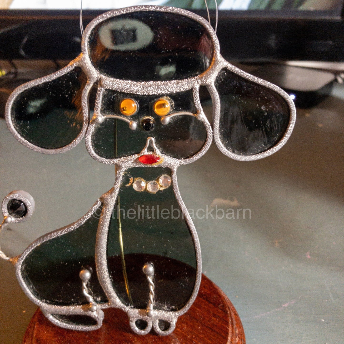 Stained Glass Puppy, Vintage Blue Glass With Red Lips and Yellow Eyes Ornament*