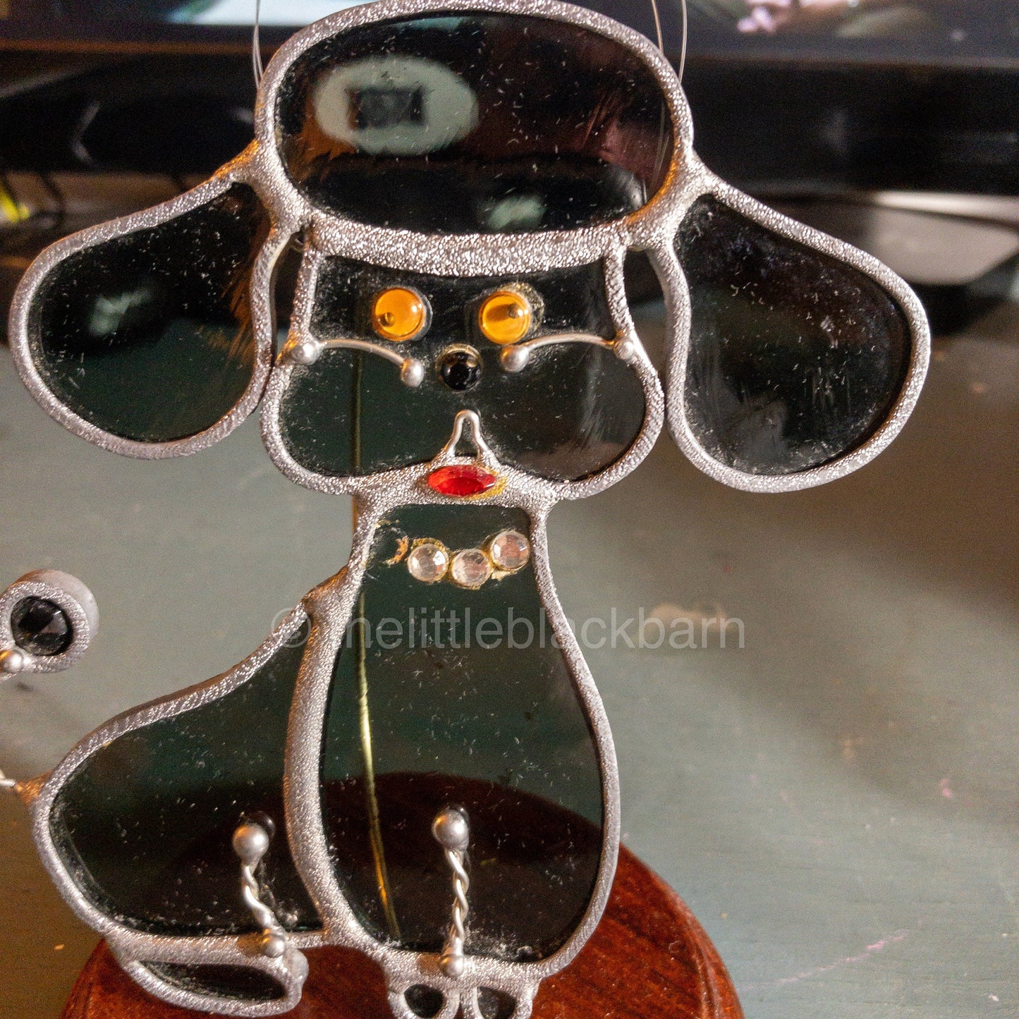Stained Glass Puppy, Vintage Blue Glass With Red Lips and Yellow Eyes Ornament*