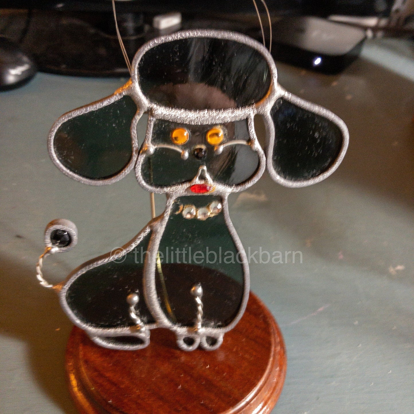 Stained Glass Puppy, Vintage Blue Glass With Red Lips and Yellow Eyes Ornament*