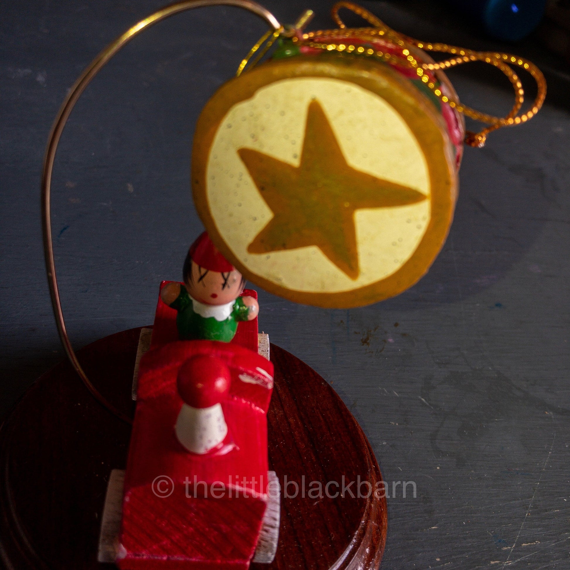 Choo-Choo Train Engine and Snare Drum,  Pair of Vintage Wooden Ornaments