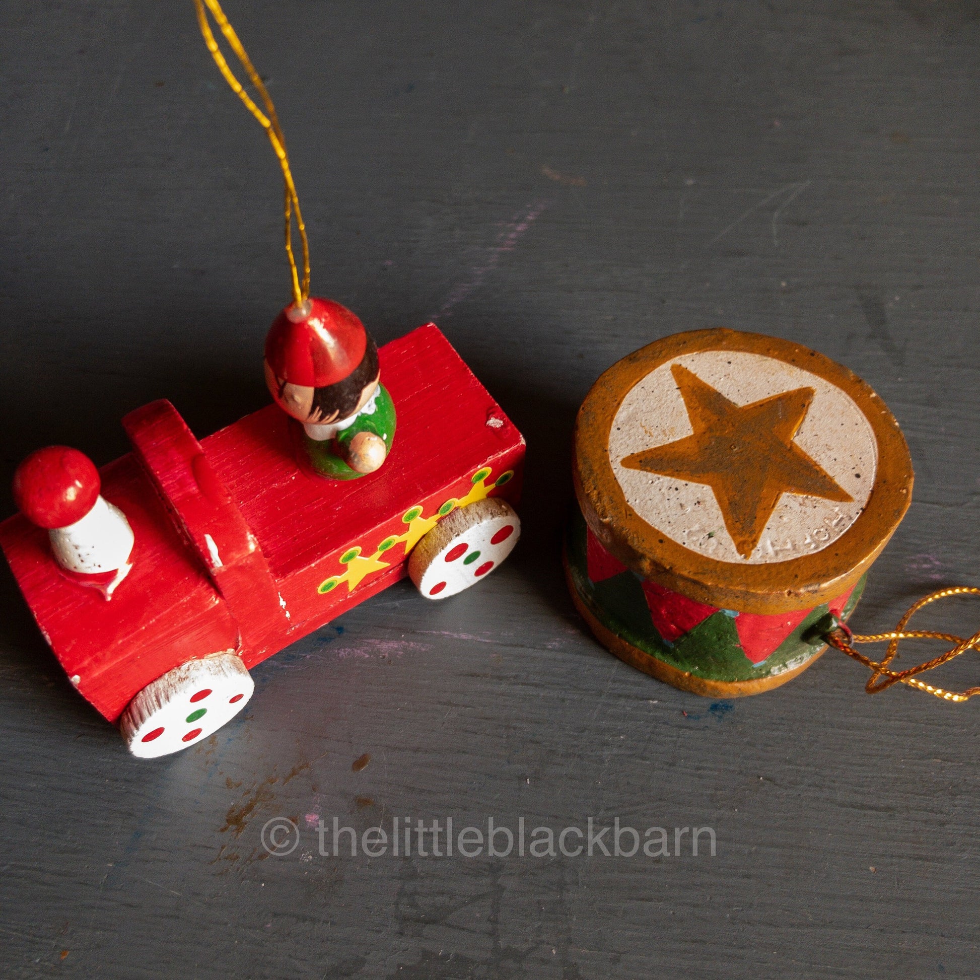 Choo-Choo Train Engine and Snare Drum,  Pair of Vintage Wooden Ornaments