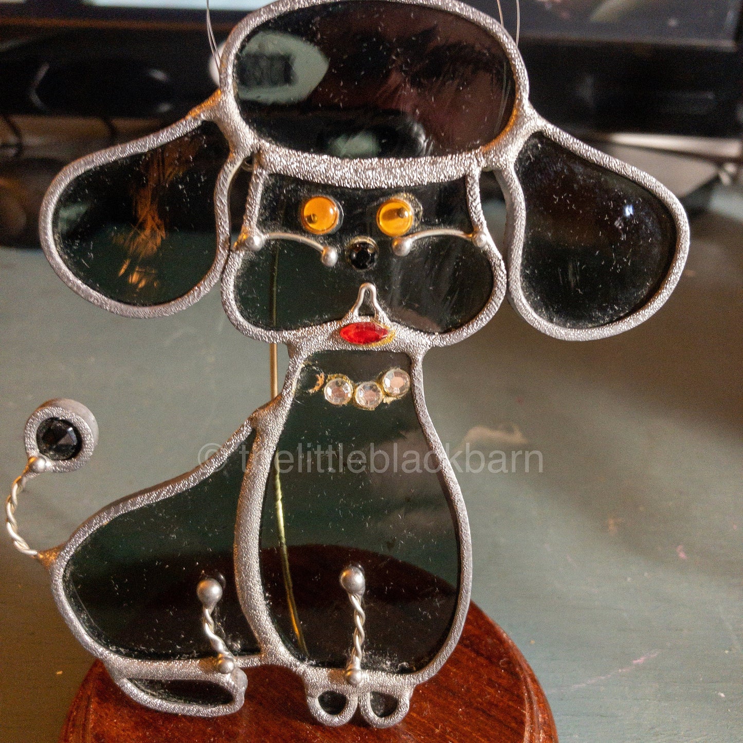 Stained Glass Puppy, Vintage Blue Glass With Red Lips and Yellow Eyes Ornament*