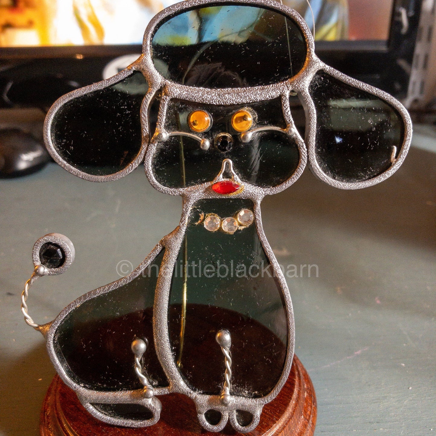 Stained Glass Puppy, Vintage Blue Glass With Red Lips and Yellow Eyes Ornament*