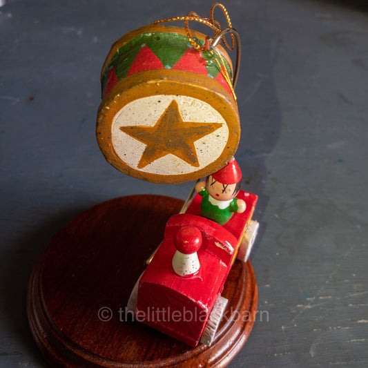 Choo-Choo Train Engine and Snare Drum,  Pair of Vintage Wooden Ornaments
