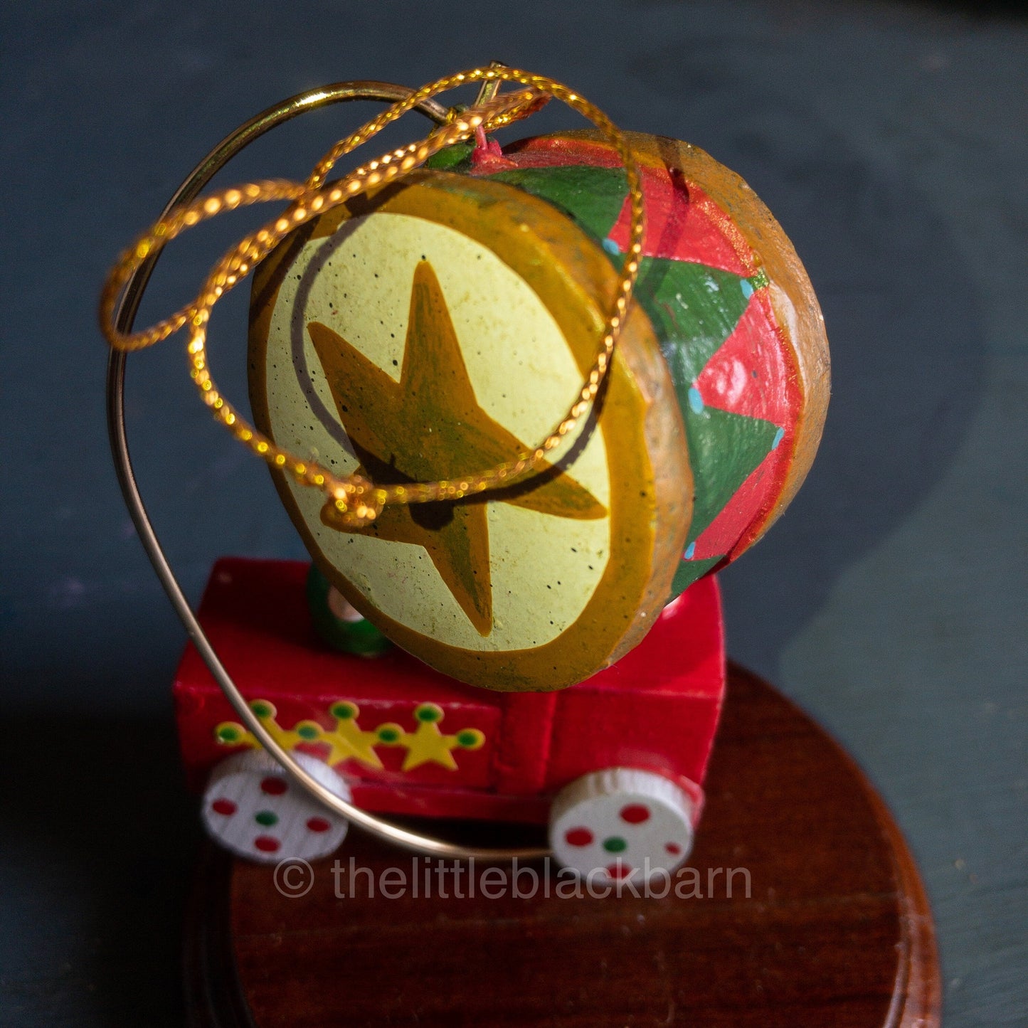 Choo-Choo Train Engine and Snare Drum,  Pair of Vintage Wooden Ornaments