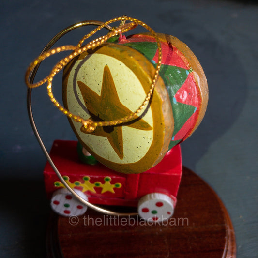 Choo-Choo Train Engine and Snare Drum,  Pair of Vintage Wooden Ornaments