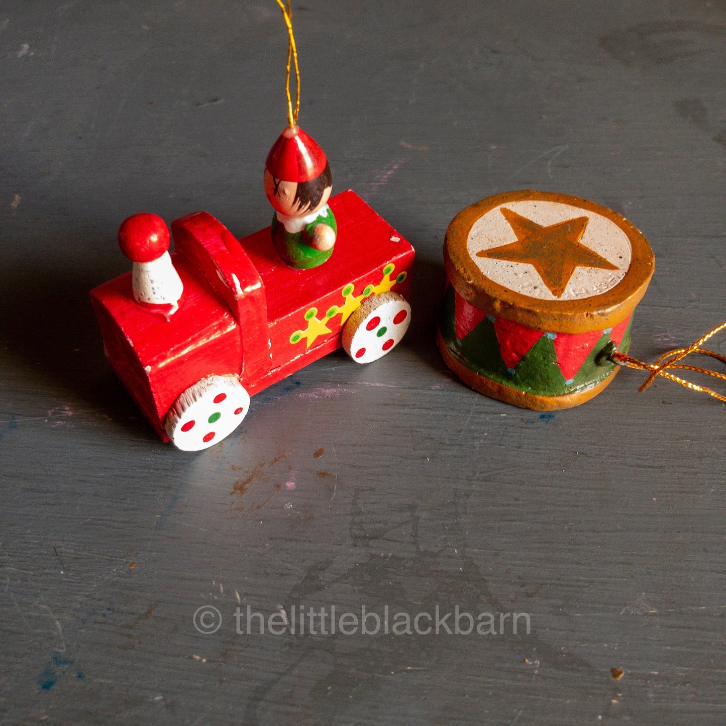Choo-Choo Train Engine and Snare Drum,  Pair of Vintage Wooden Ornaments