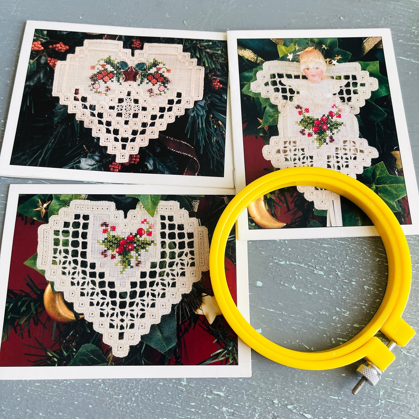 Cross N' Patch, Set of 3, pattern charts vintage 1990s, with 4 inch plastic hoop, see description*