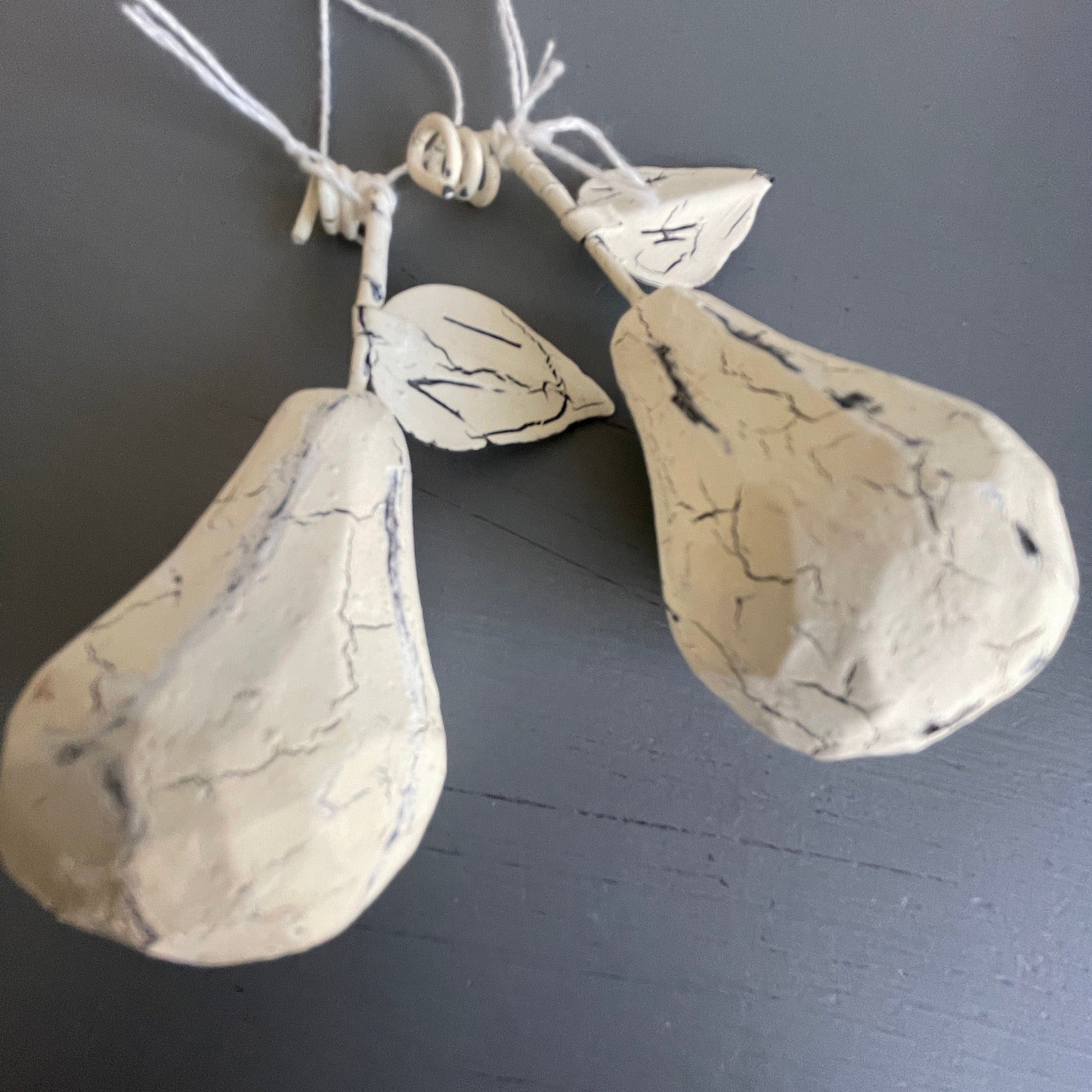Pears with Leaves Pair of White Wood & Metal Christmas Tree Ornaments