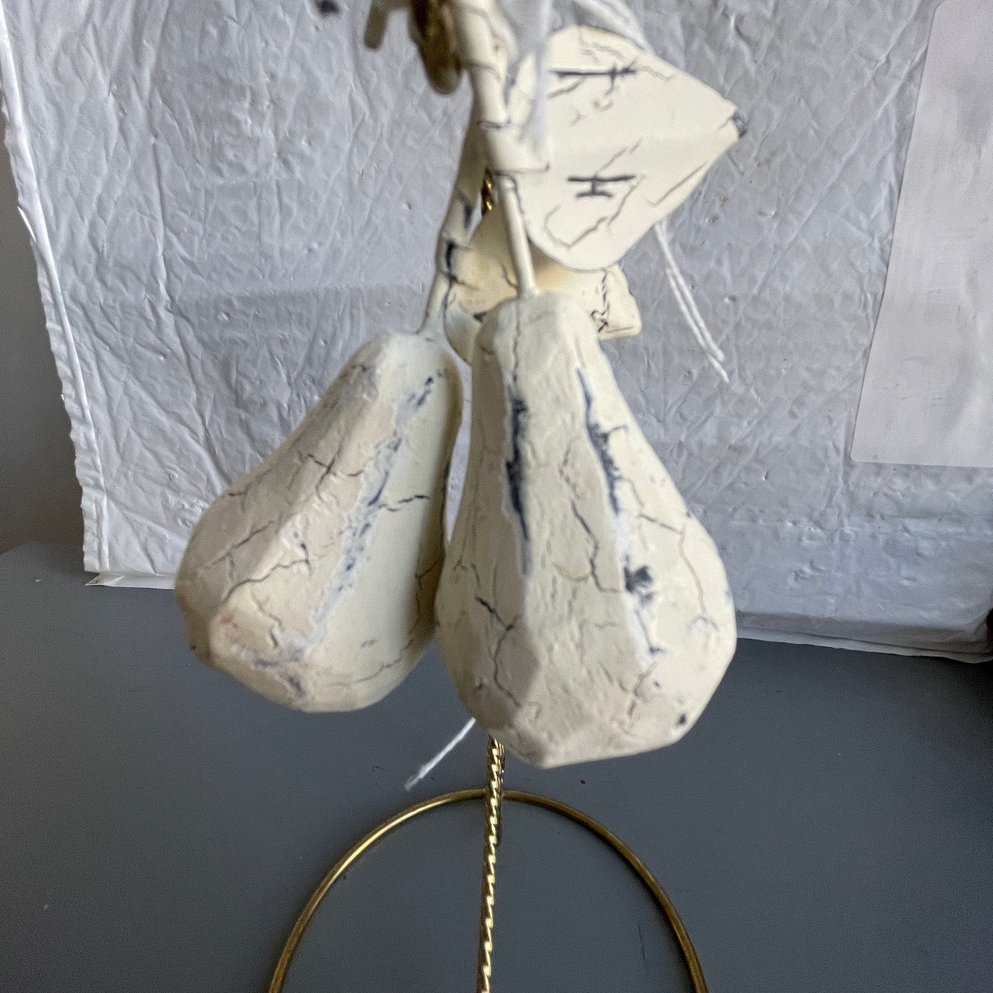 Pears with Leaves Pair of White Wood & Metal Christmas Tree Ornaments