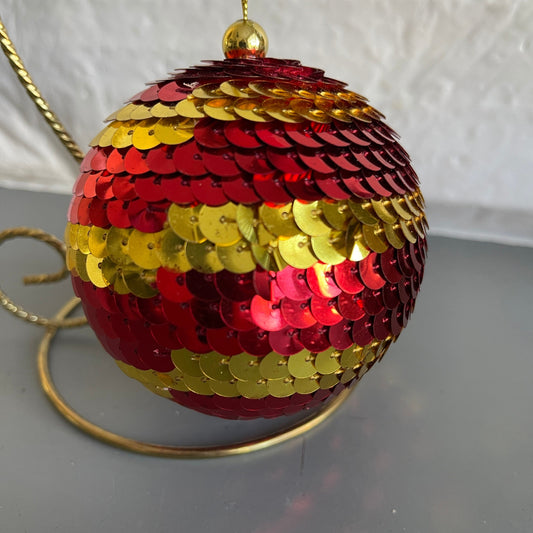 Robust Red and Gold Sequins Striped Ball Christmas Tree Ornament