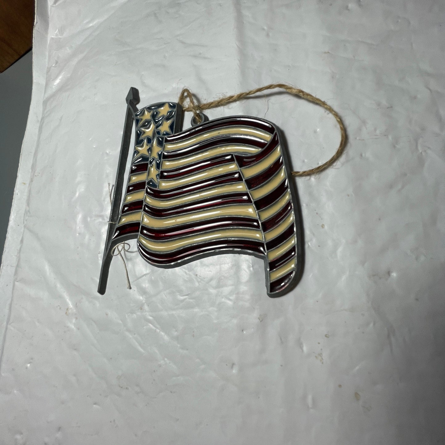 Stained Glass American Flag Waving On Metal Pole Vintage Decorative Collectible Ornament