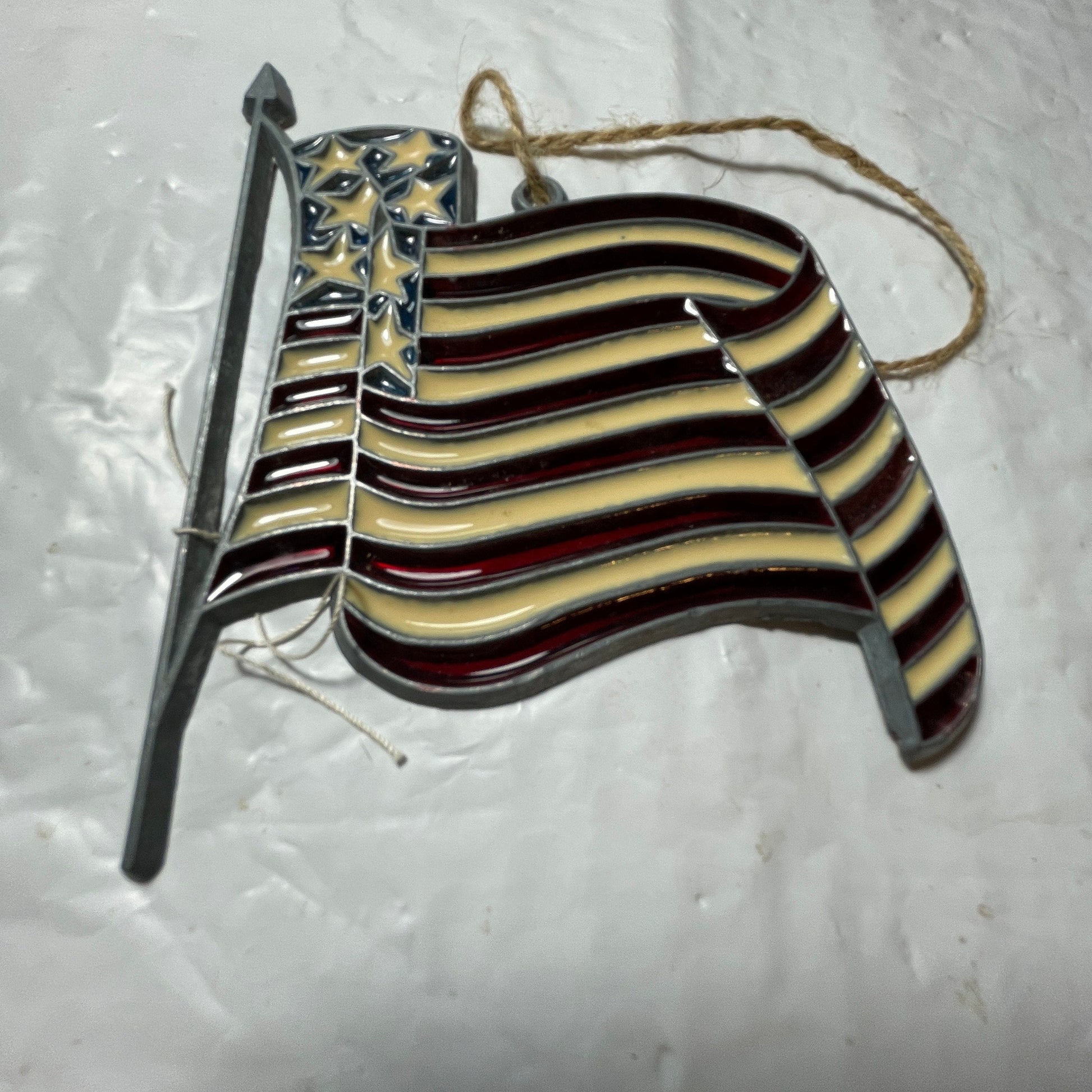 Stained Glass American Flag Waving On Metal Pole Vintage Decorative Collectible Ornament