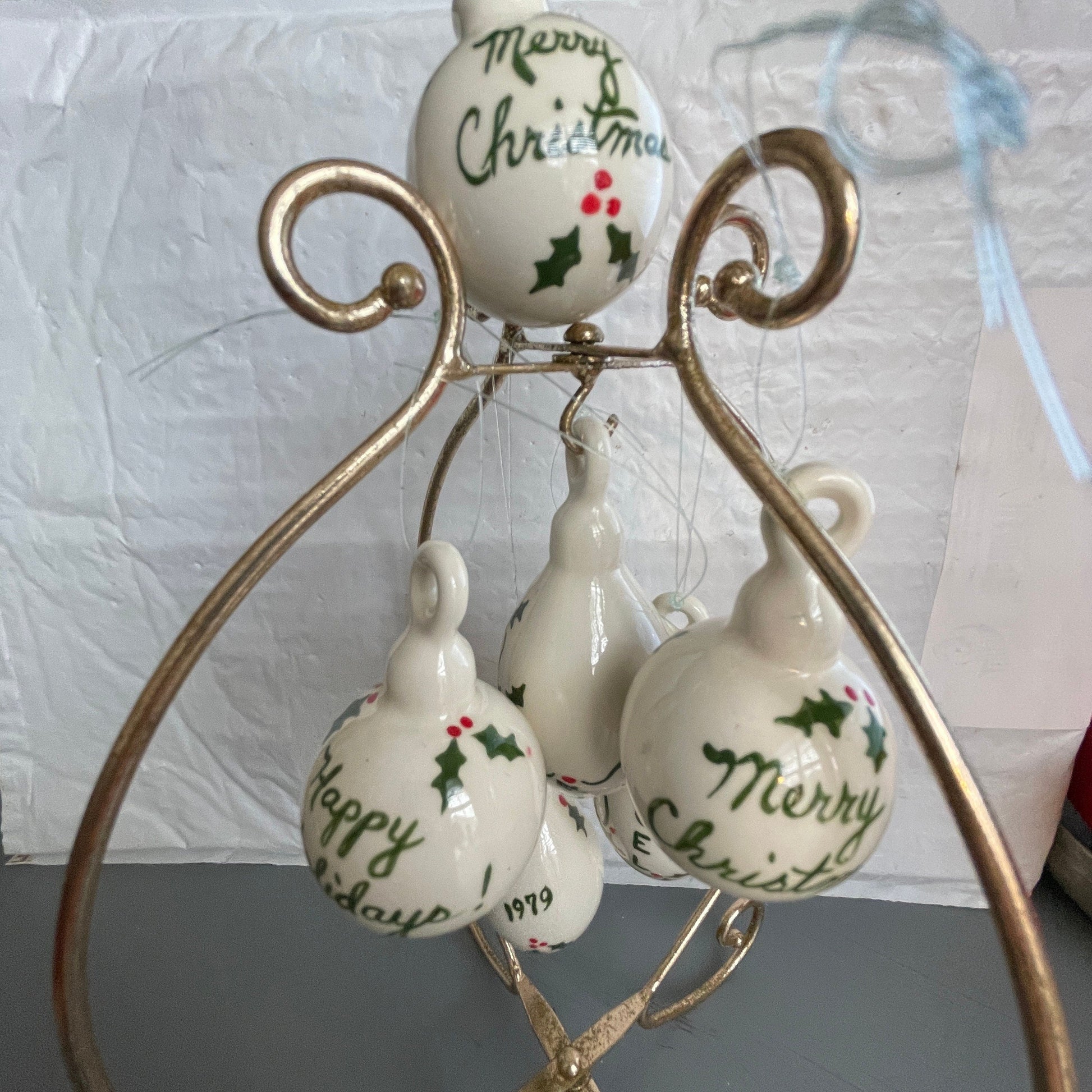Festive Set Of 6 Holly Berries and Leaves White Porcelain Ornaments Dated 1979 Christmas Ornaments