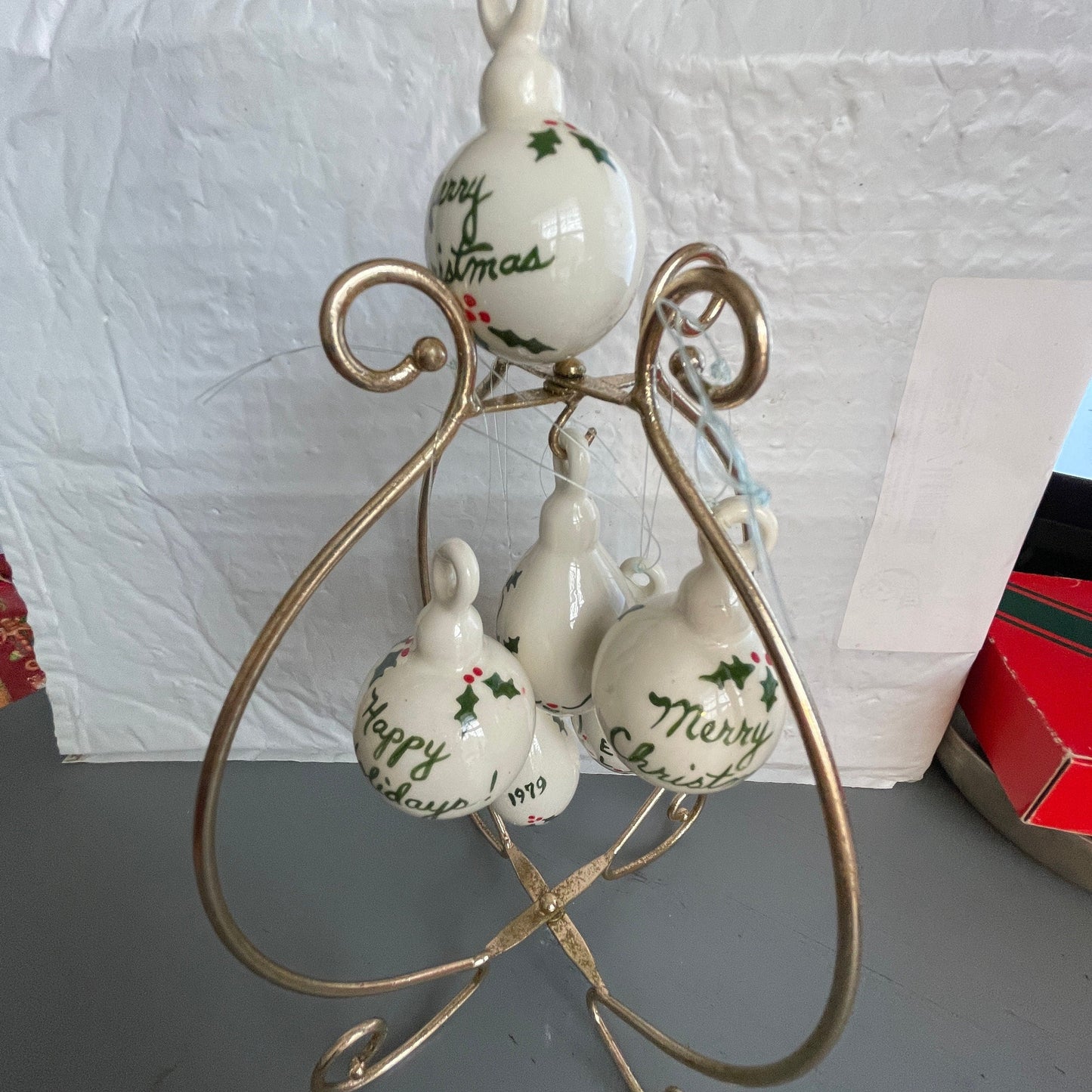 Festive Set Of 6 Holly Berries and Leaves White Porcelain Ornaments Dated 1979 Christmas Ornaments