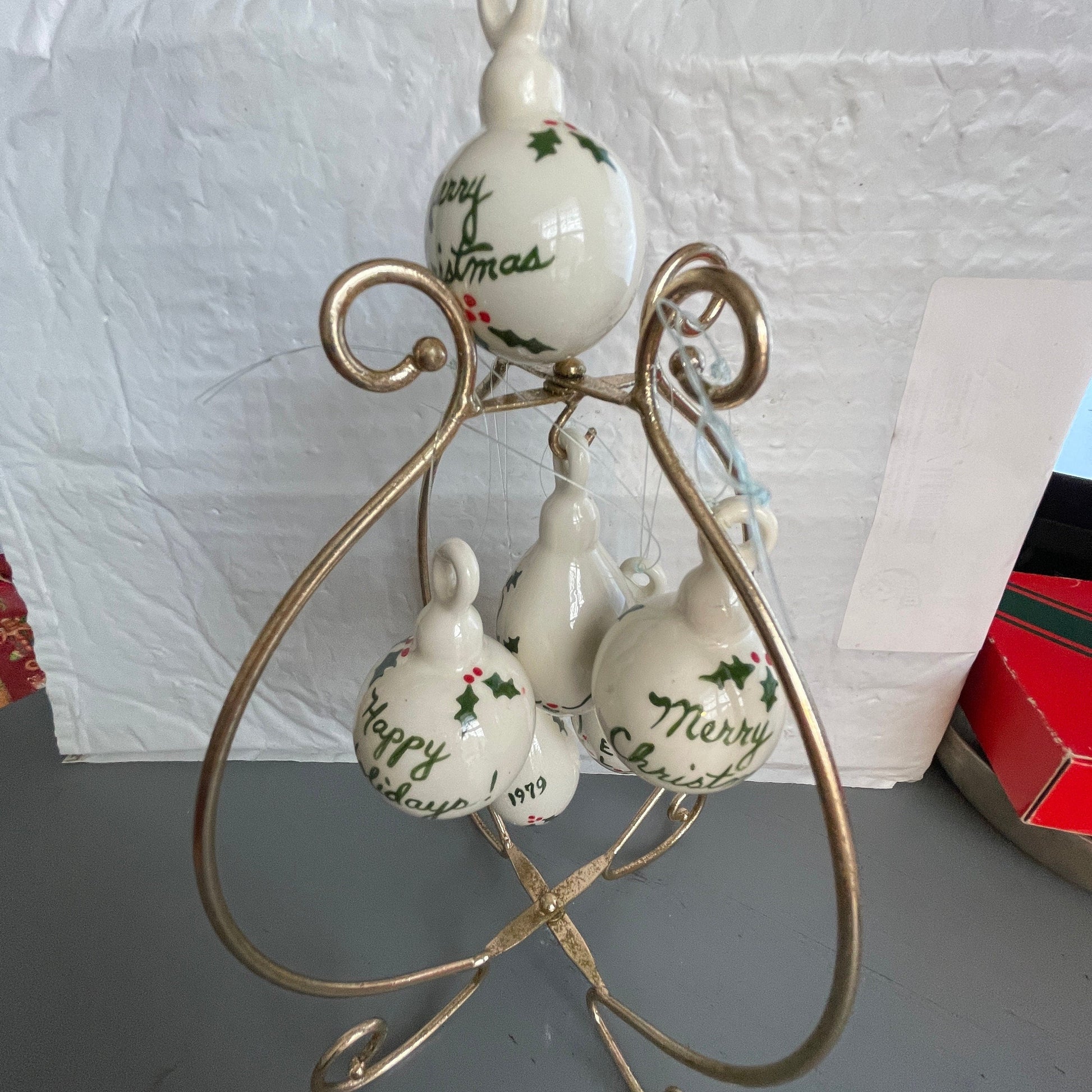 Festive Set Of 6 Holly Berries and Leaves White Porcelain Ornaments Dated 1979 Christmas Ornaments