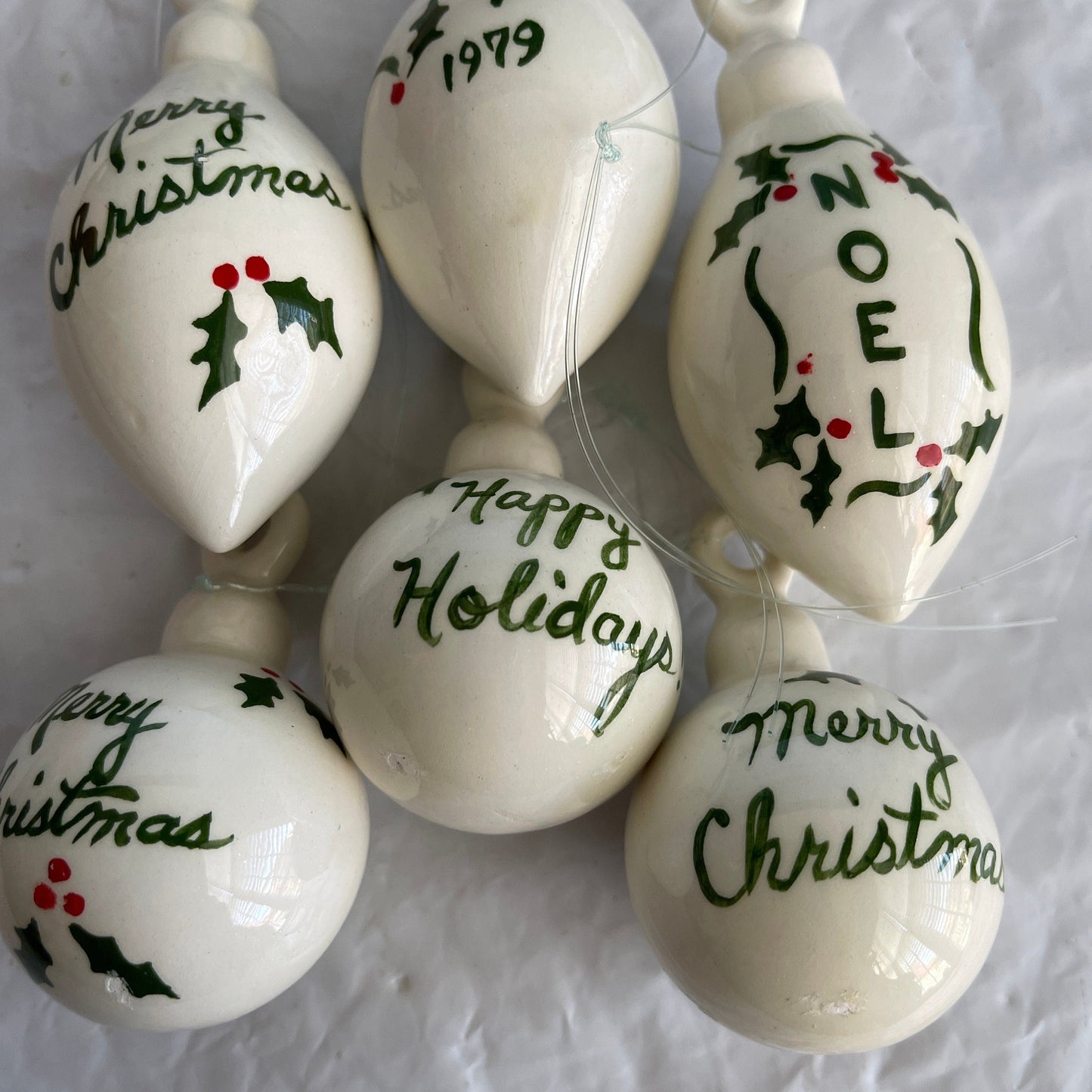 Festive Set Of 6 Holly Berries and Leaves White Porcelain Ornaments Dated 1979 Christmas Ornaments