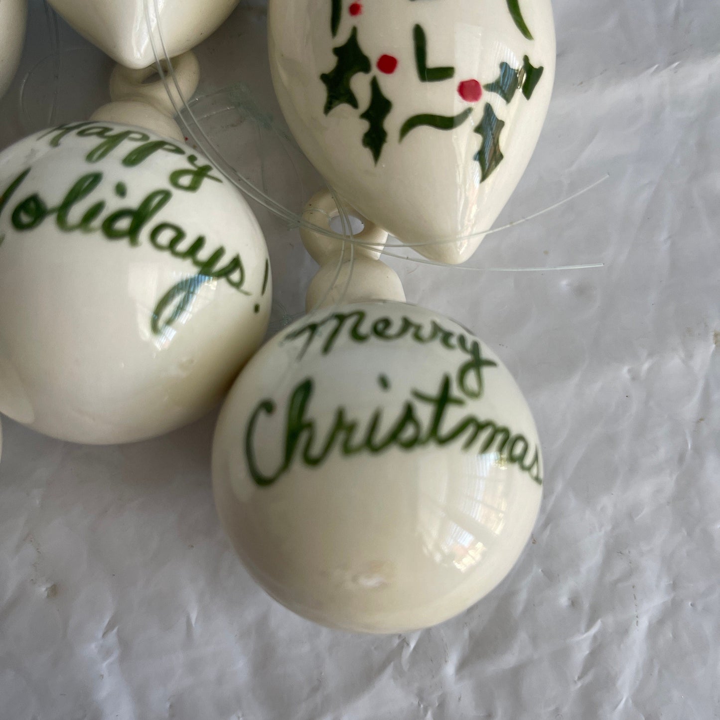 Festive Set Of 6 Holly Berries and Leaves White Porcelain Ornaments Dated 1979 Christmas Ornaments