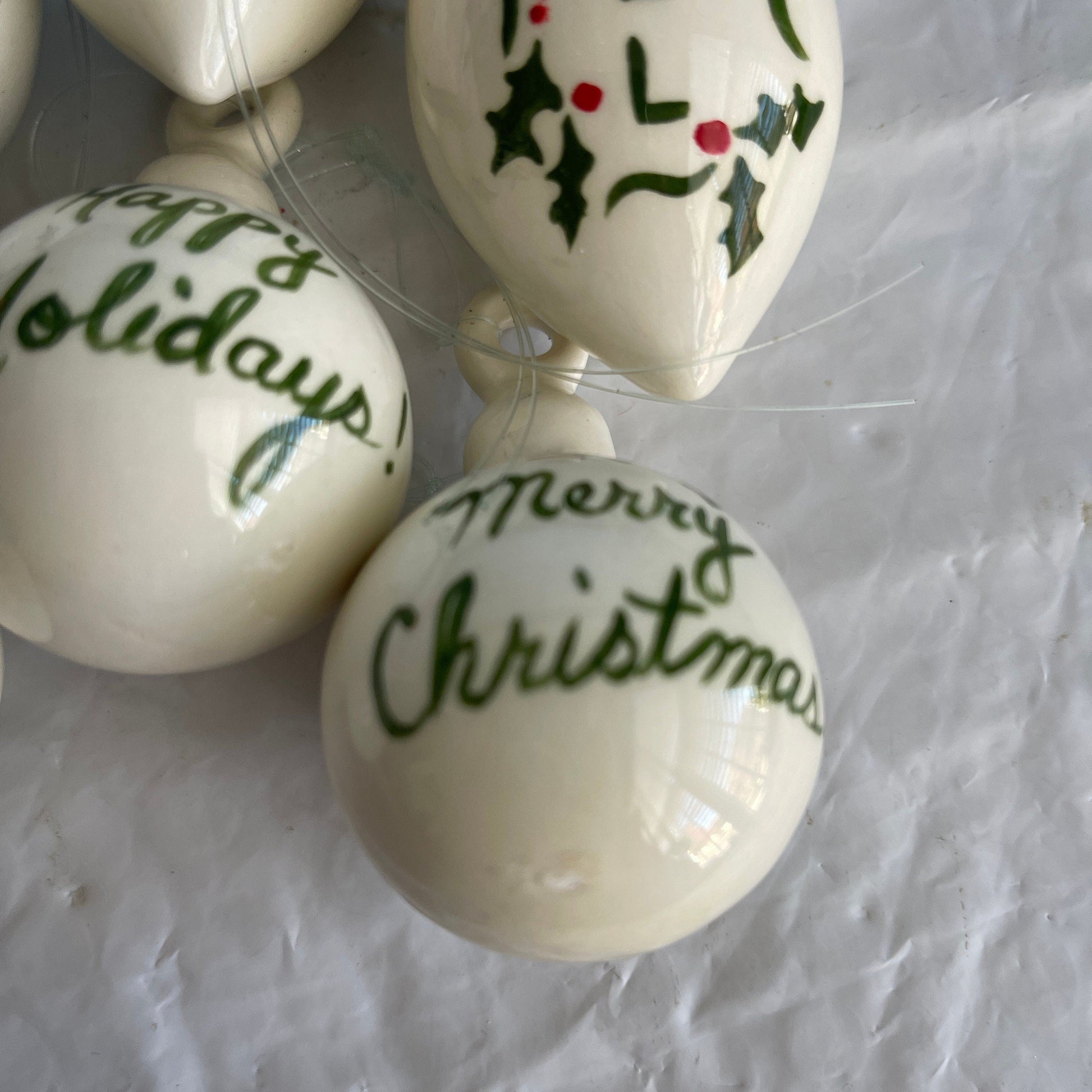 Festive Set Of 6 Holly Berries and Leaves White Porcelain Ornaments Dated 1979 Christmas Ornaments