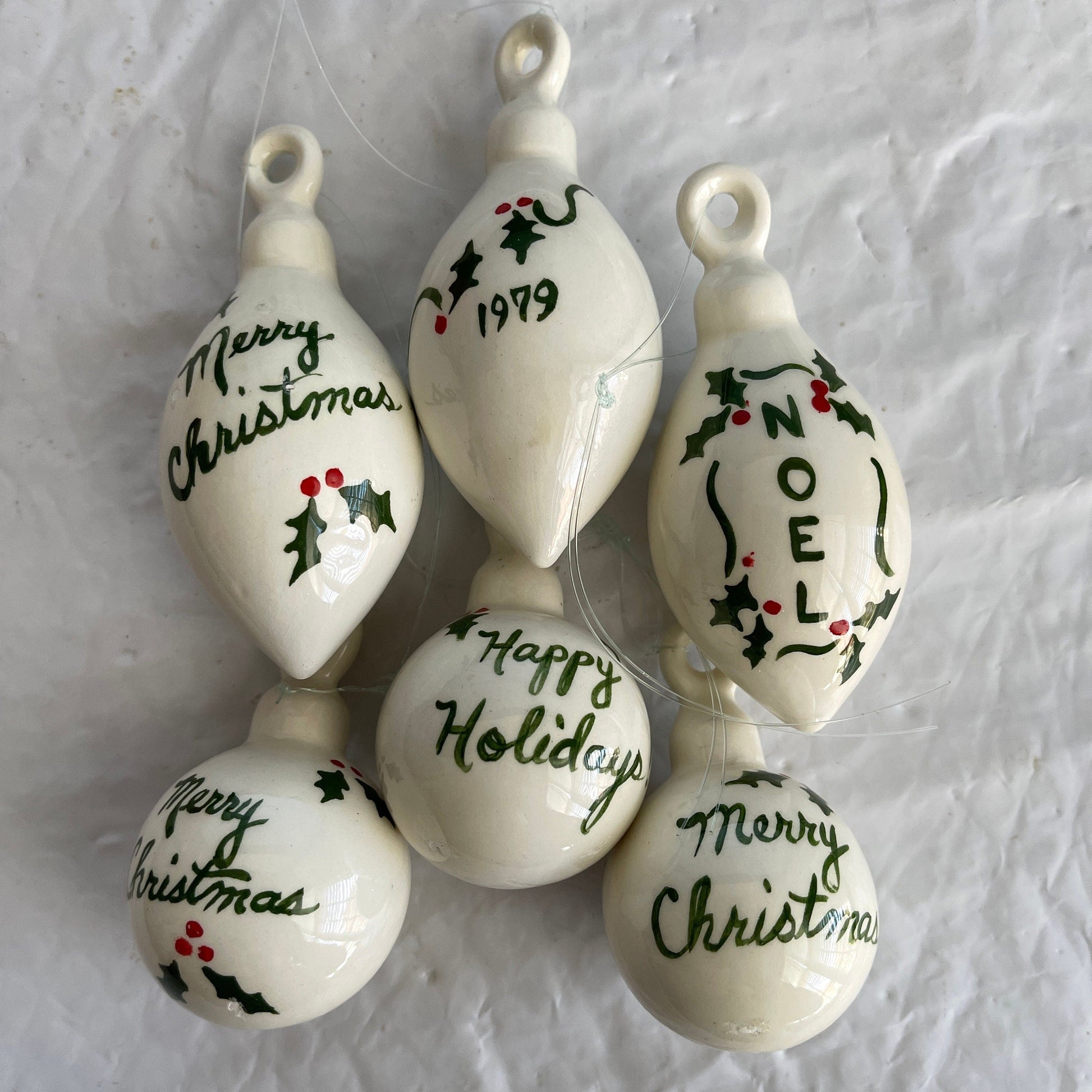 Festive Set Of 6 Holly Berries and Leaves White Porcelain Ornaments Dated 1979 Christmas Ornaments