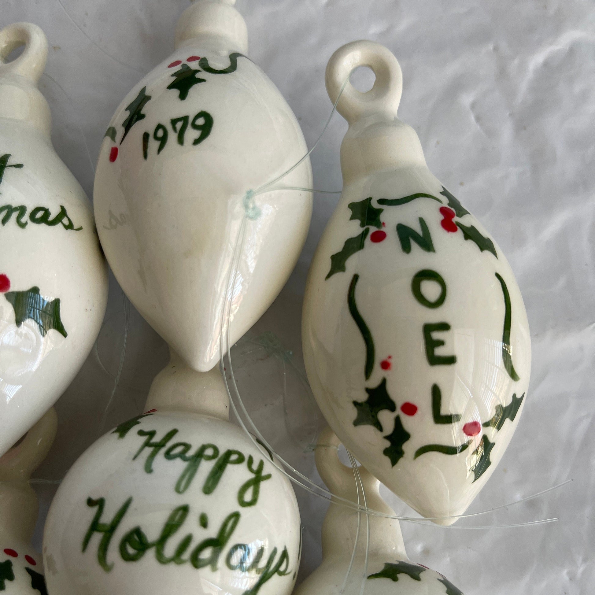 Festive Set Of 6 Holly Berries and Leaves White Porcelain Ornaments Dated 1979 Christmas Ornaments