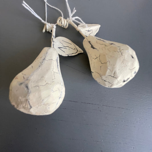 Pears with Leaves Pair of White Wood & Metal Christmas Tree Ornaments