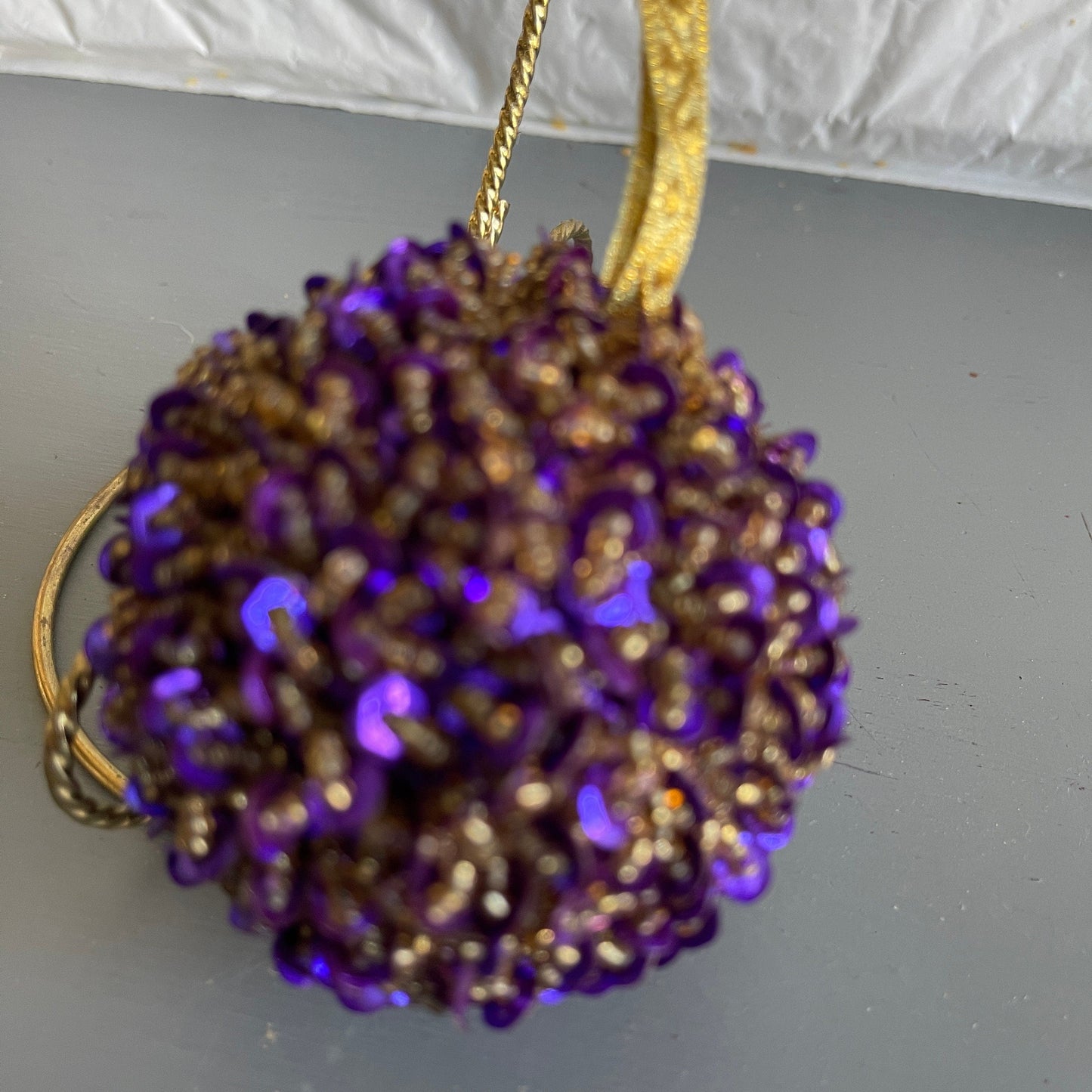Dazzling Purple Sequin and Gold Beaded One Of A Kind Ornament