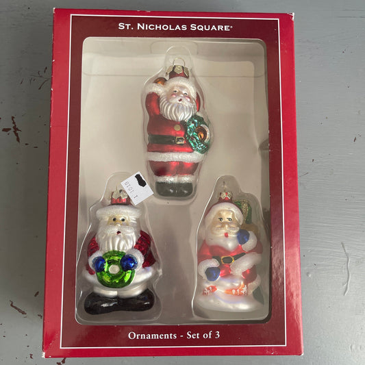 St. Nicholas Square Set Of 3 Santa Clauses Collectible Glass Christmas Ornaments