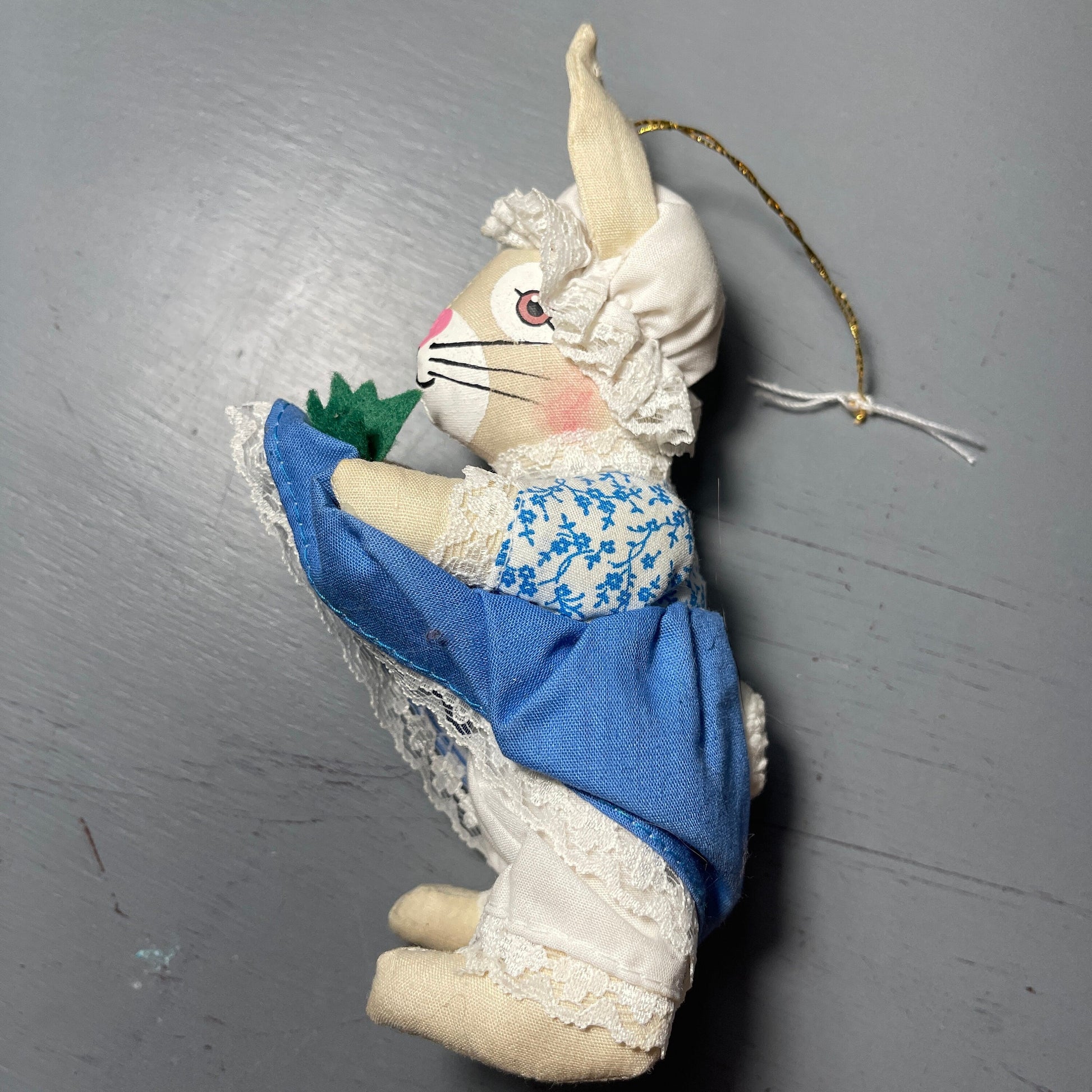 Ravishing Rabbit Lady in Cap and Dress Gathering Carrots Vintage Stuffed Animal Ornament