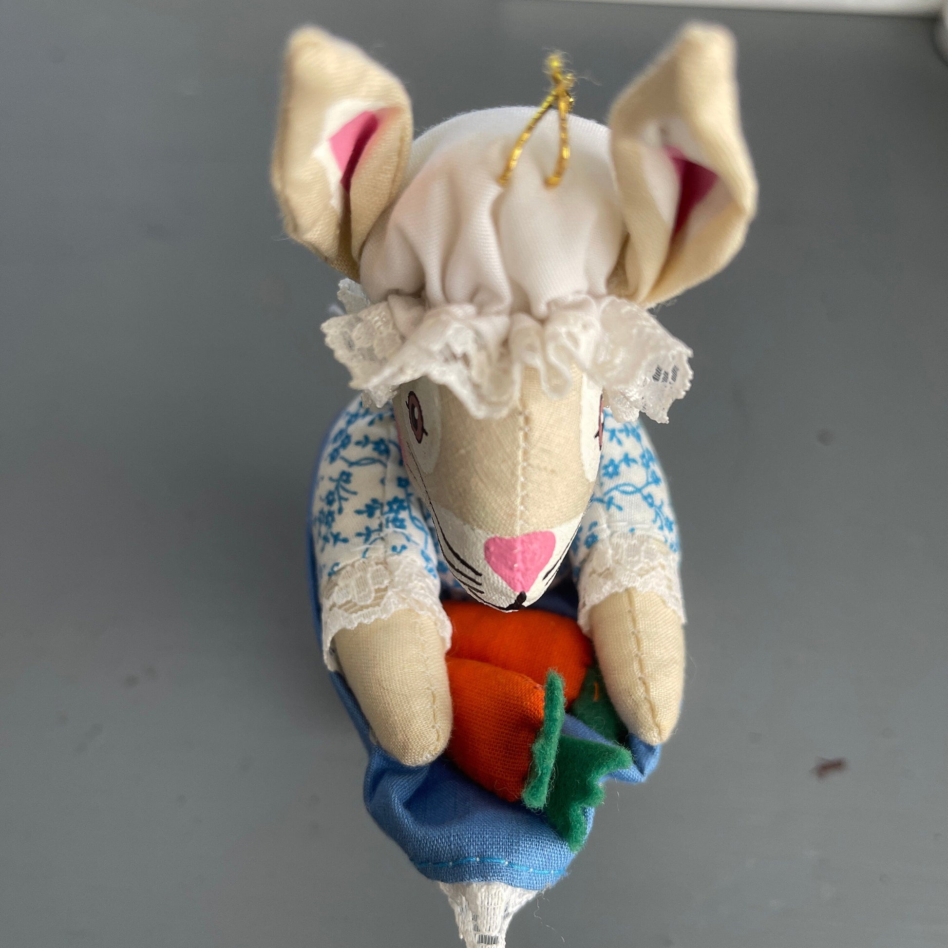 Ravishing Rabbit Lady in Cap and Dress Gathering Carrots Vintage Stuffed Animal Ornament