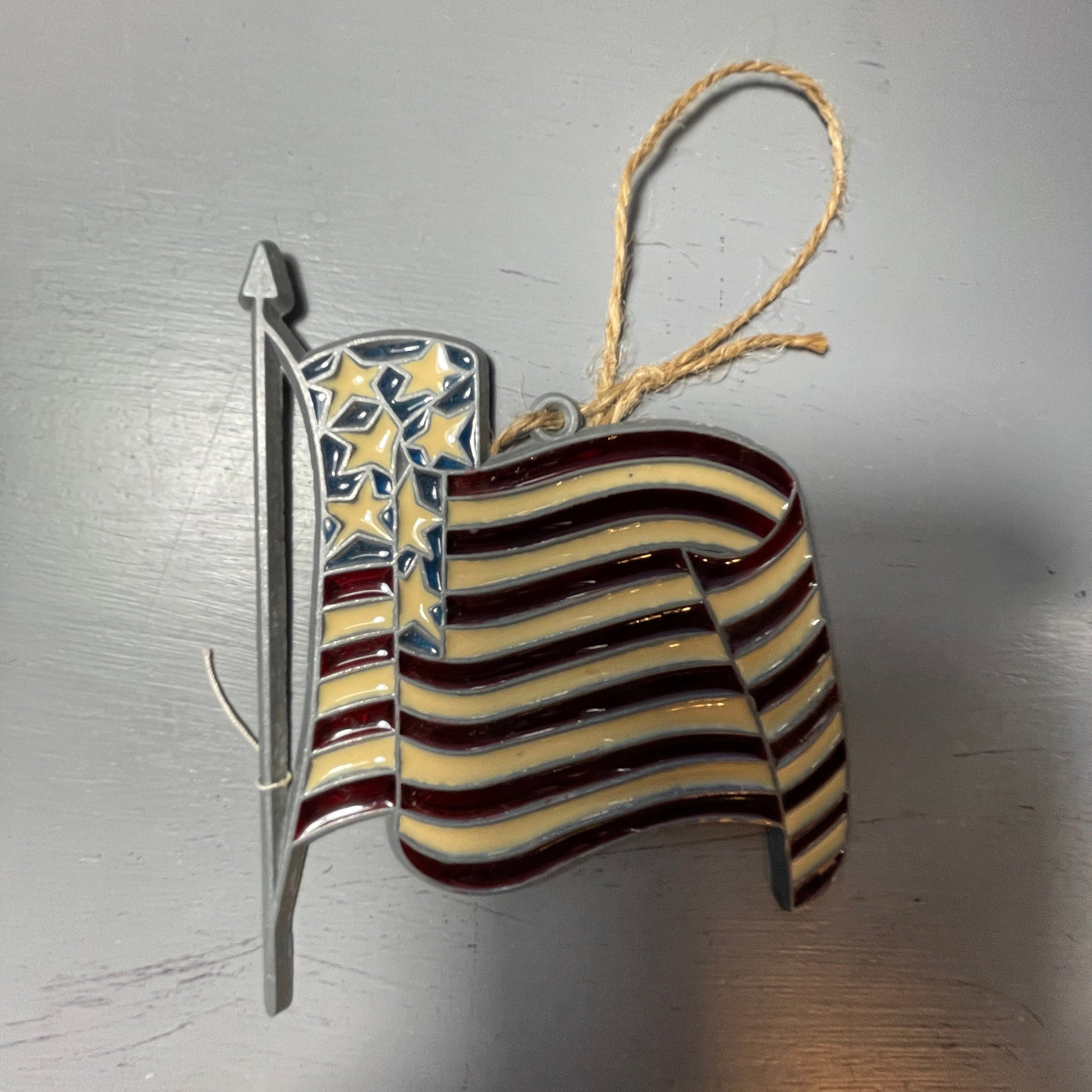 Stained Glass American Flag Waving On Metal Pole Vintage Decorative Collectible Ornament